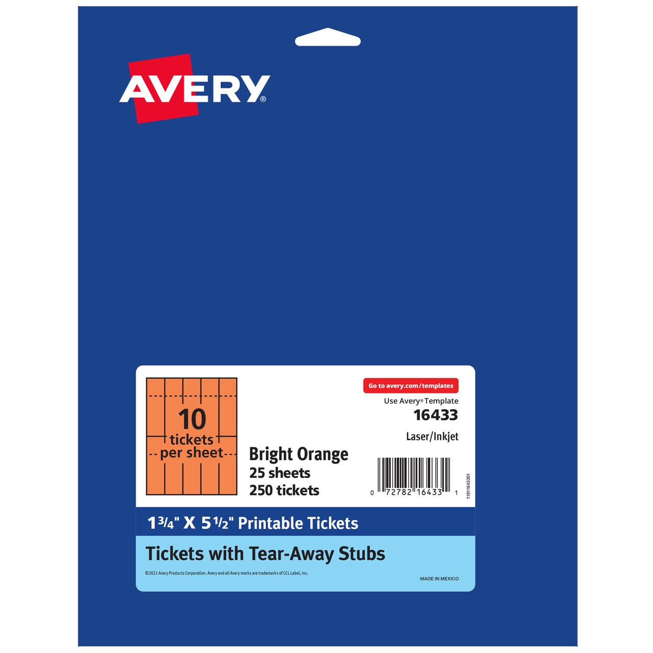 Avery Printable Tickets, Bright Orange, 1.75" x 5.5", Laser/Inkjet, 250 Tickets (16433)